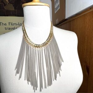 Vintage Unique Gold-tone and Silver tone Chain Sexy Fringe Bib Necklace 13” Boho